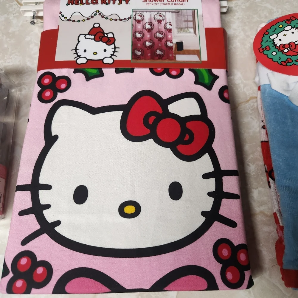 Hello Kitty Christmas Bathroom Shower Set Curtain Hooks and 2pc Towel Set New